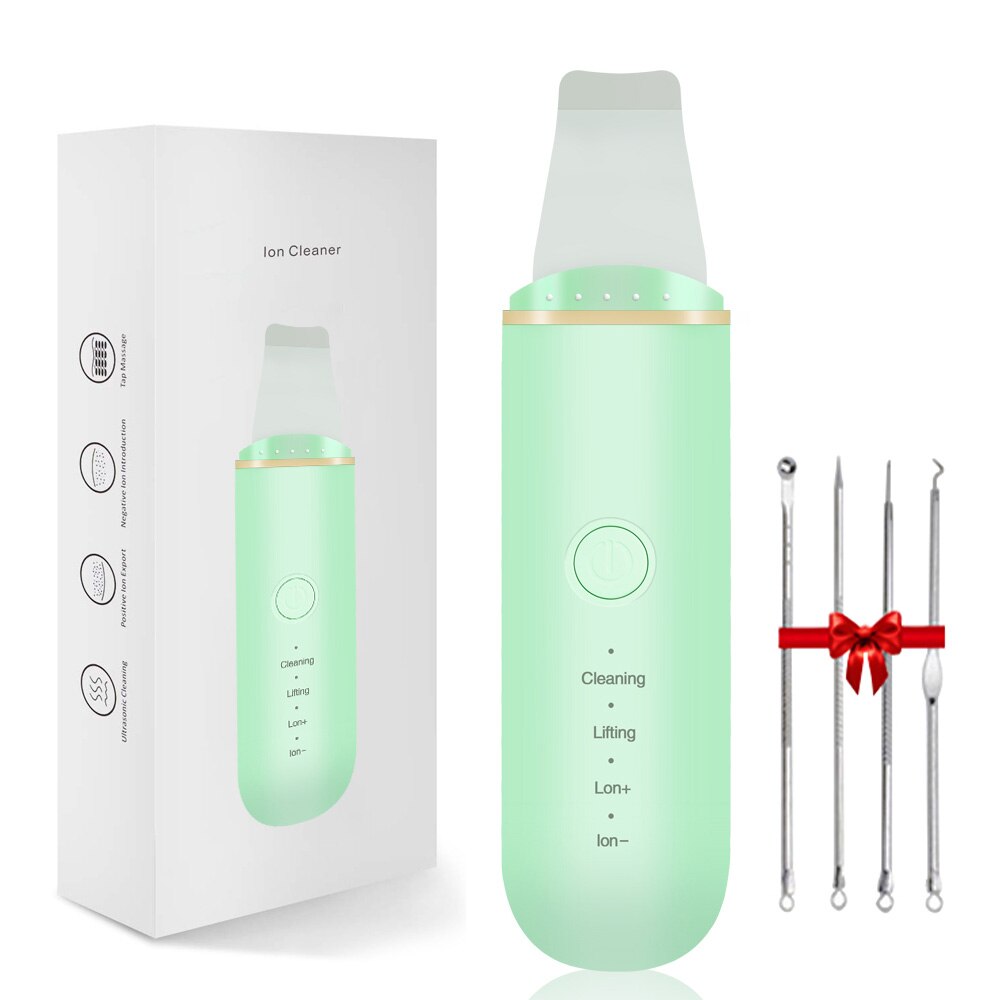 Épurateur de peau à ultrasons nettoyeur de pores pelle à éplucher visage nettoyage de la peau spatule visage grattoir Ion nettoyage vibreur visage épurateur: Green with box