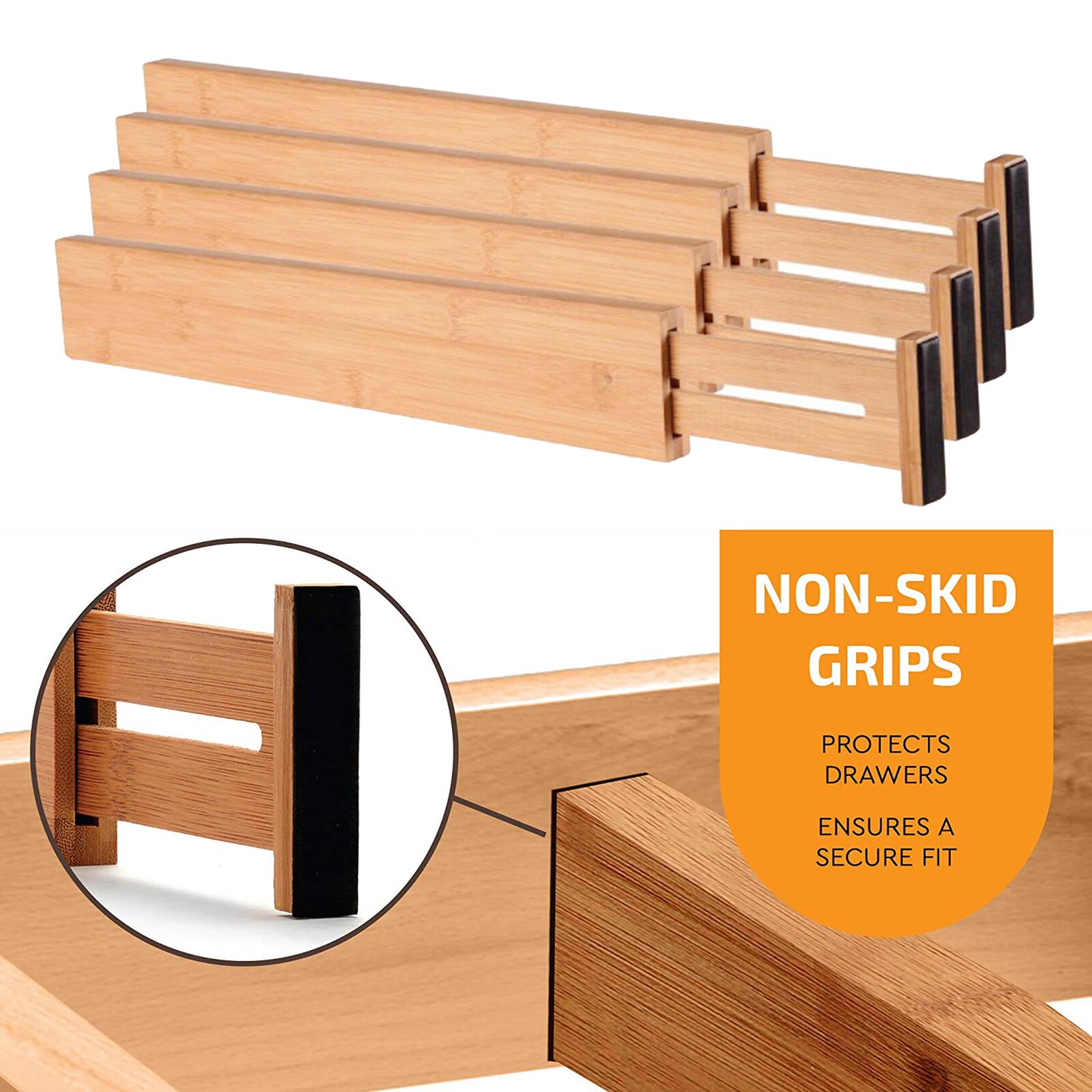 4Pack Bamboo Drawer Dividers Spring Loaded for Bedroom Bathroom Office