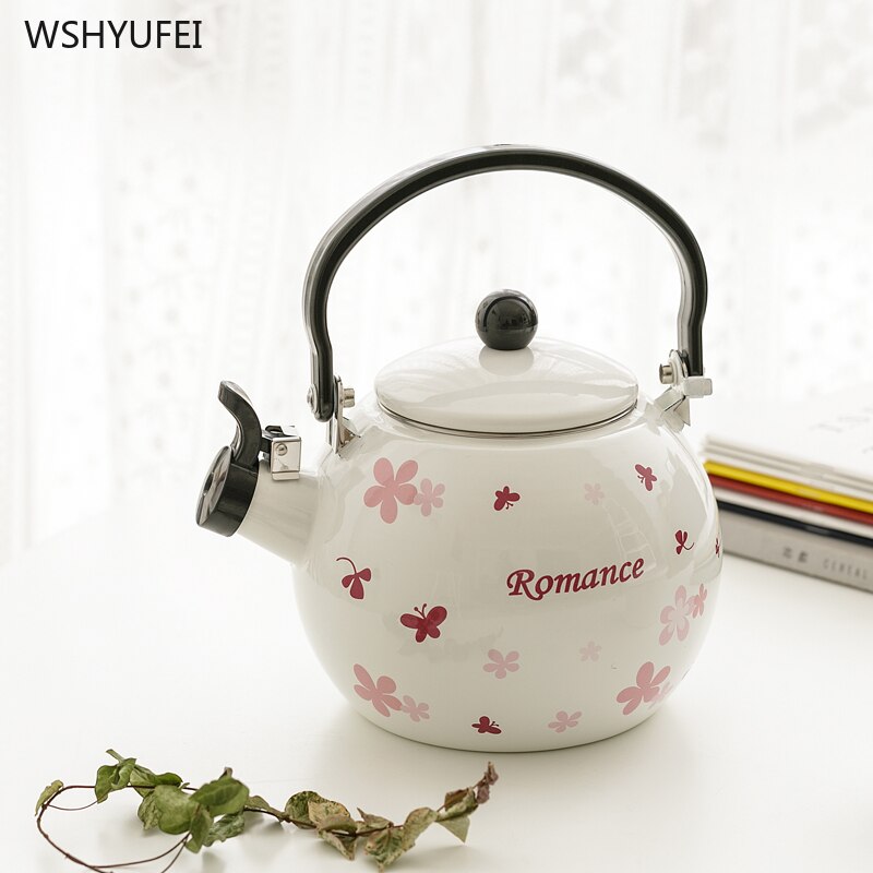 2L thick flat bottom whistle round belly enamel kettle kettle jug milk teapot home portable kitchen induction cooker universal