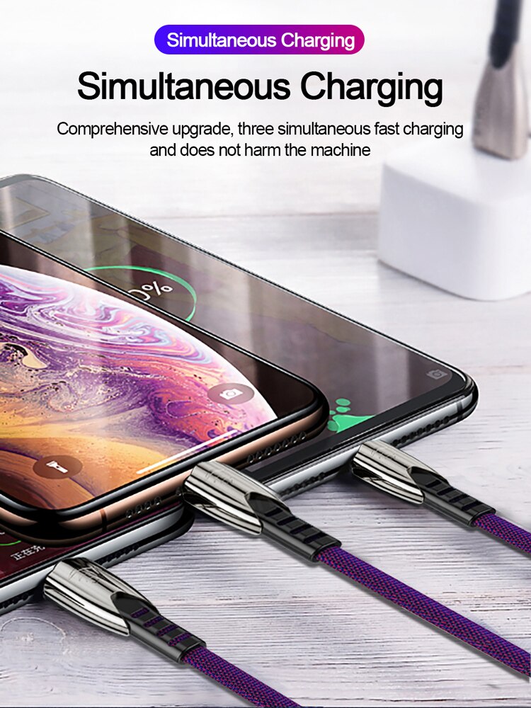 Grma 3 in 1 5A Charger USB Cable for iPhone Samsung Xiaomi Phone Aviation Alloy Head 3in1 Fast Charging Micro USB Type C Cable