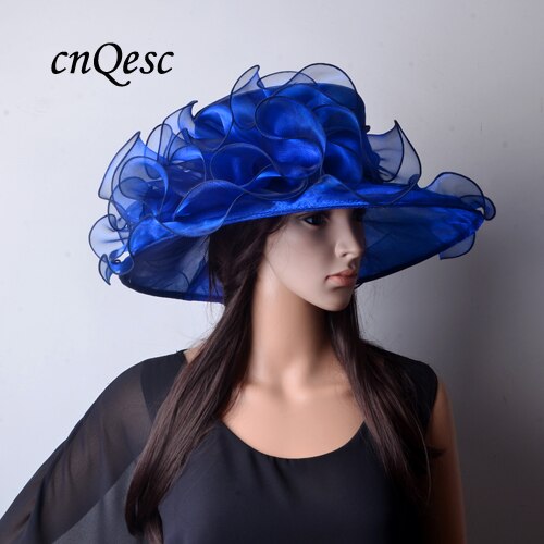 Lime green Wide brim Crystal organza hats church for kentucky derby wedding women's hat races: NAVY BLUE