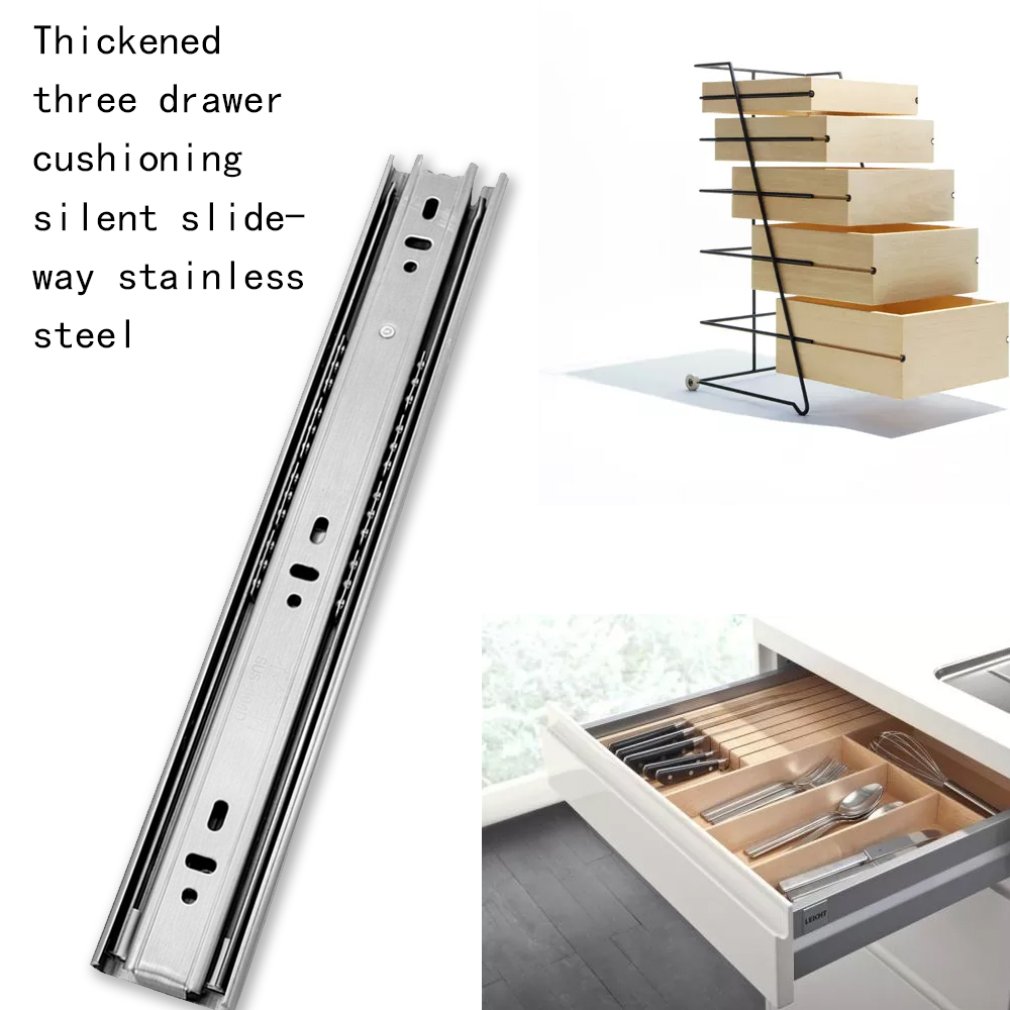 Stainless Steel Slide Rails Thickened Three-section Drawer Buffer Mute Steel Ball 4510 Slide Rail Damping Slide