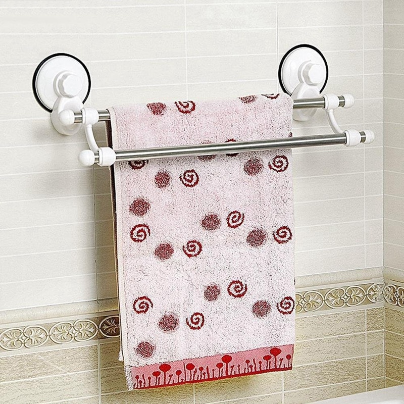 18.5 Inch Double Bars Suction Cup Towel Rail Holder Storage Racks Wall Mounted ABS Bathroom Organizer Kitchen Hotel