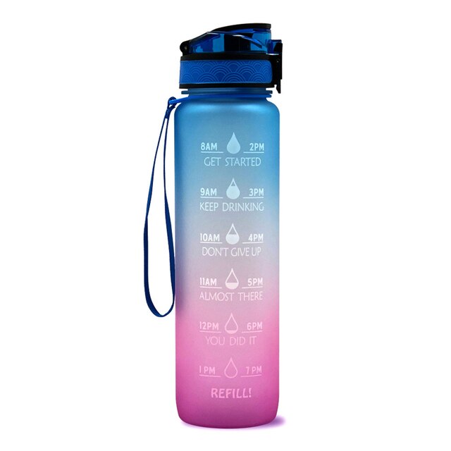 Botella de agua TRITAN de 1L, cantimplora con gradiente mate con marcador de tiempo, a prueba de fugas, para senderismo, ciclismo, Camping, correr y Yoga: E