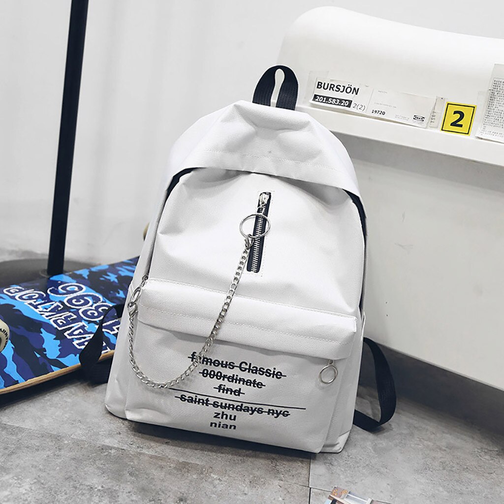 Kvinder kæde lærred rygsæk piges studerende skoletaske skuldertaske teenager unisex bogtasker piger drenge rygsæk: Hvid