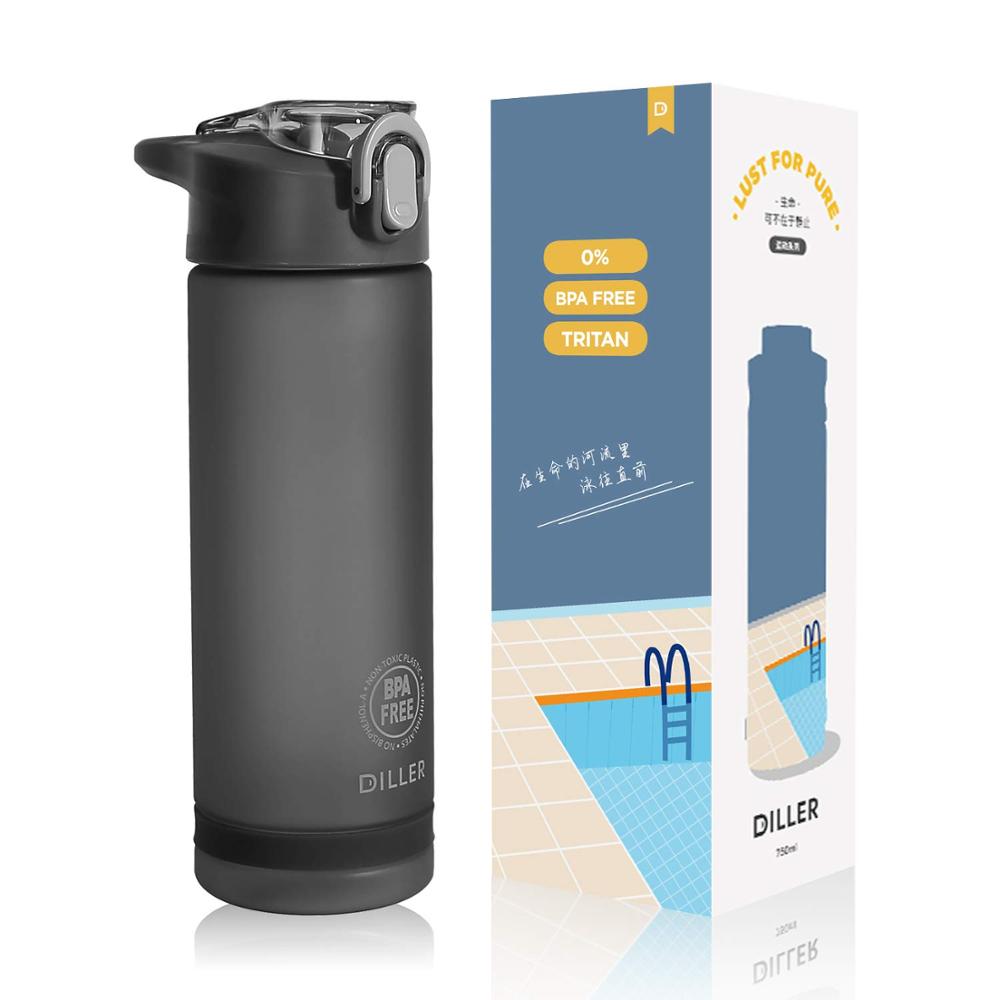 Diller Water sport fles met Stro voor Gym Fles BPA Gratis tritan plastic Sport Shaker water + flessen 750ml voor Kid/Vrouwen: 0.75L / Black
