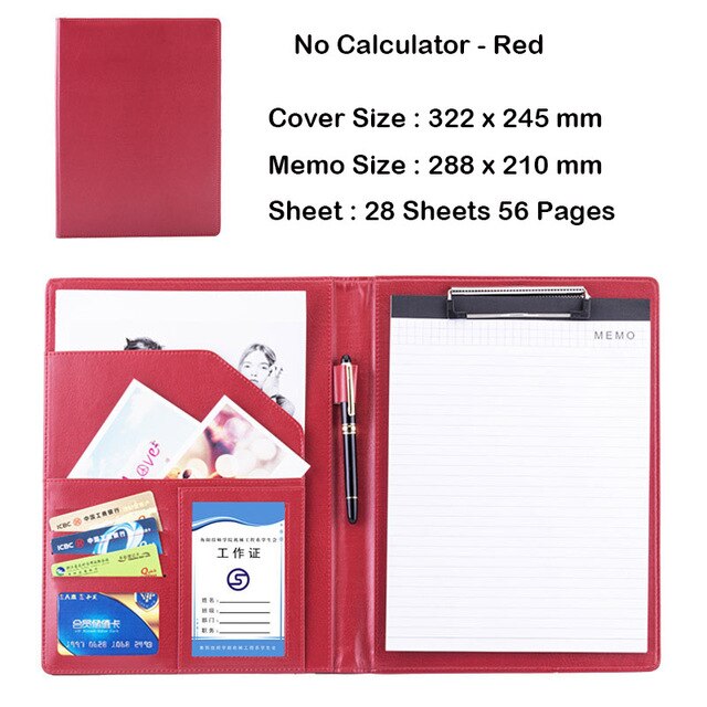 Business Office Folder Multifunctional Office Organizer with Calculator Clip A4 Leather Folder Folder Briefcase Office Supplies: A red