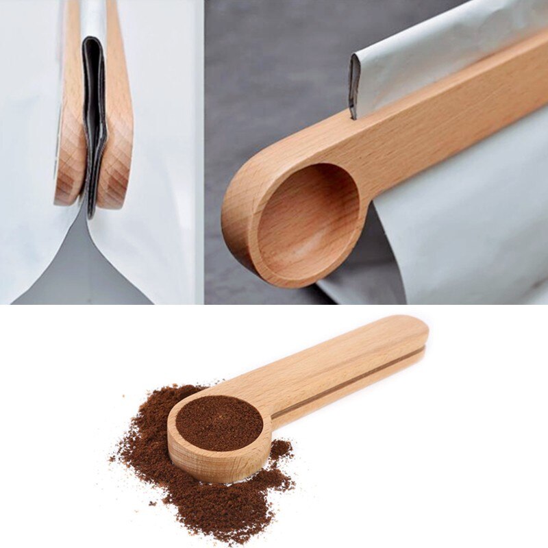 Cuchara de café molido, cuchara de madera para café, 1 cucharada, cuchara medidora de madera de haya, Clip largo para bolsa de sellado de mango de madera