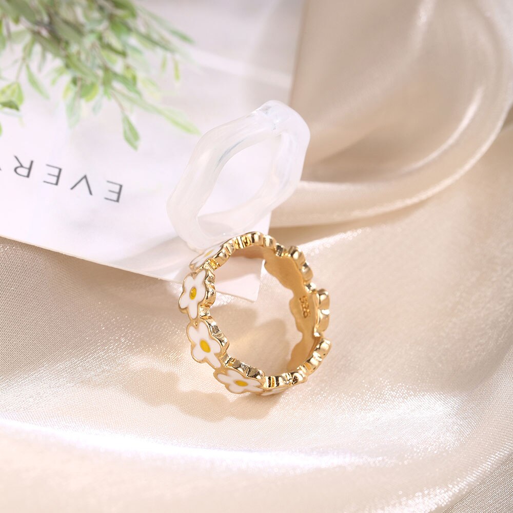 Pequeños y románticos anillos de epoxi con margaritas y flores para mujer, Bohemia, anillo de compromiso para novia, amor, para esposa: 6 / Gold flower ring