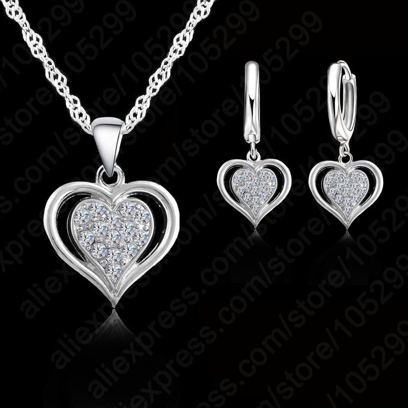 Trendy 925 Sterling Zilver Zirconia Hart Bridal Bruiloft Sieraden Sets Voor Vrouwen Hanger Ketting En Oorbel Set