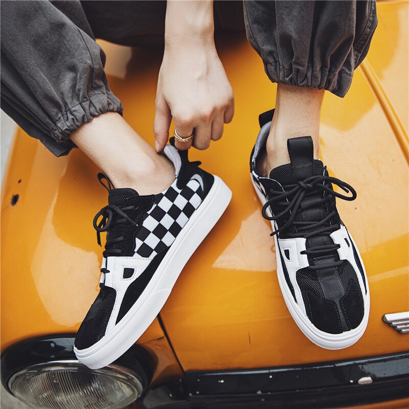 Heren schaakbord canvas schoenen, heren zwart-witte skateboardschoenen, heren casual schoenen, maat 39-44: Zwart wit / 44