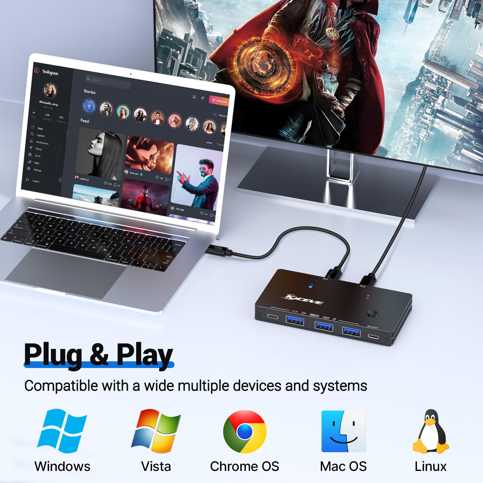 10 Gbps USB-schakelaar 2 computers delen 4 USB 3.2 Gen 2 poorten, USB Switcher Selector voor PC Laptop Toetsenbord Muis Webcam Draagbare SSD