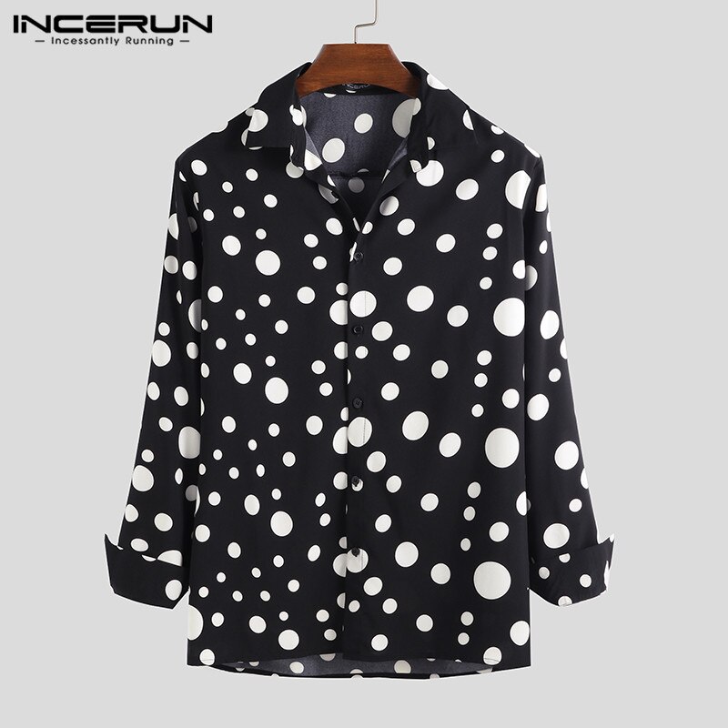 Incerun män casual skjorta klänning prickiga långärmade lapel street style toppar camisa herrmärke skjortor: Svart skjorta / L