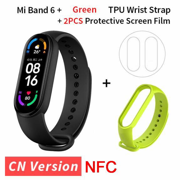 Xiaomi-pulsera inteligente Mi Band 6, accesorio deportivo resistente al agua hasta 5atm, con Pantalla AMOLED de 1,56 pulgadas, control del ritmo cardíaco, Bluetooth y NFC: green strap film