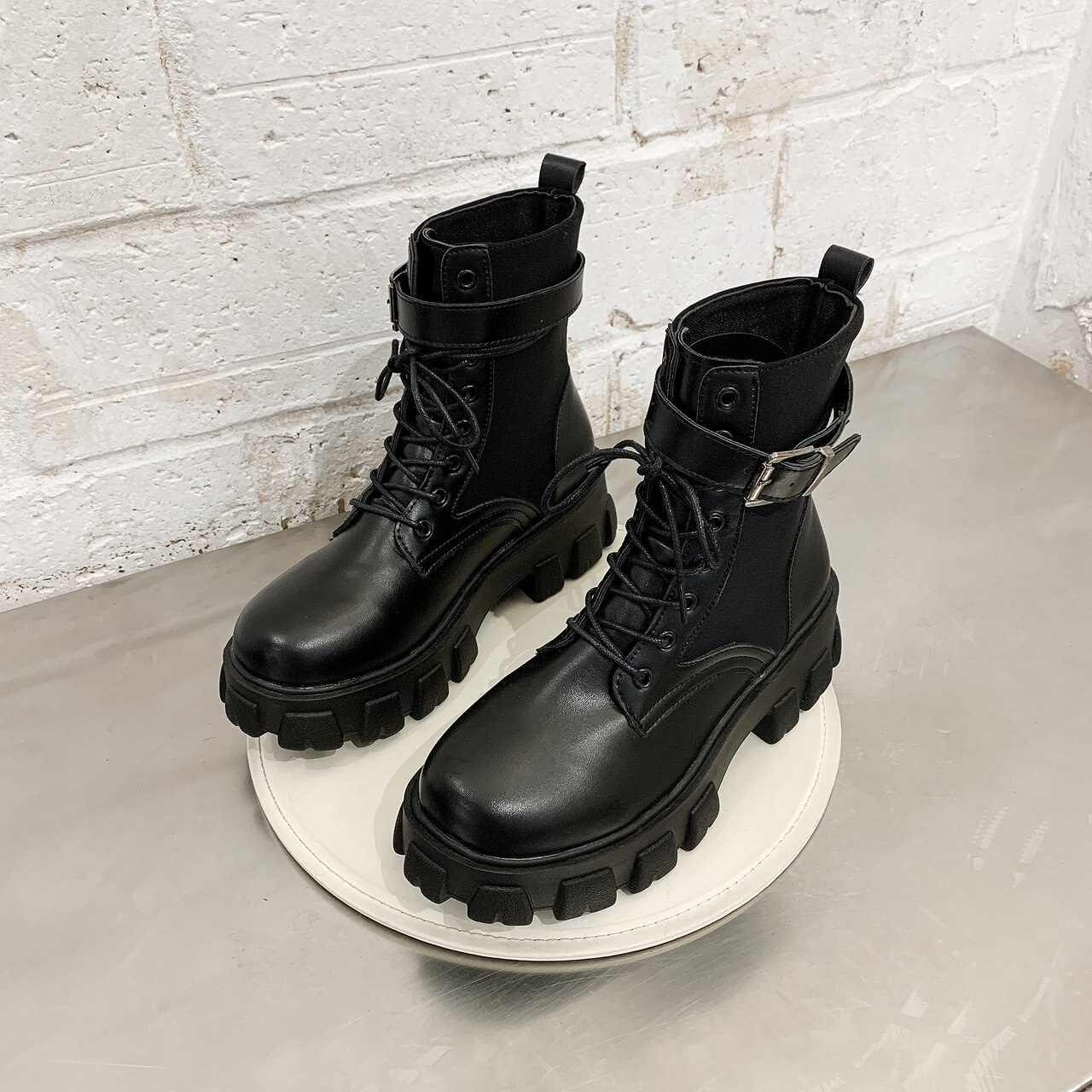 chaussures femme à lacets bottes épaisses bout rond chaussures femme boucle plate-forme en cuir PU bottines talons hauts