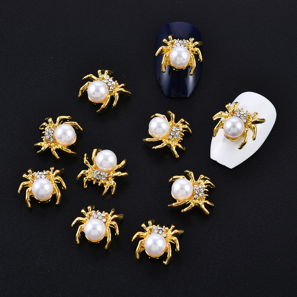 10 Stks/partij Glitter Gold Spider 3d Nagel Charmes Sieraden Diy Parel Legering Nail Art Decoraties Nails Gereedschap Stickers