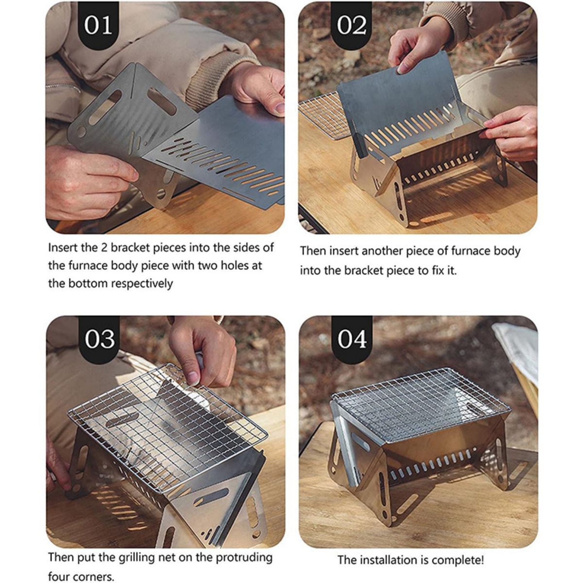 Aço inoxidável Churrasqueira, Lojas de aquecimento, Multi-Function, Camping, Rack Net, Fogão a lenha, Hot Sales
