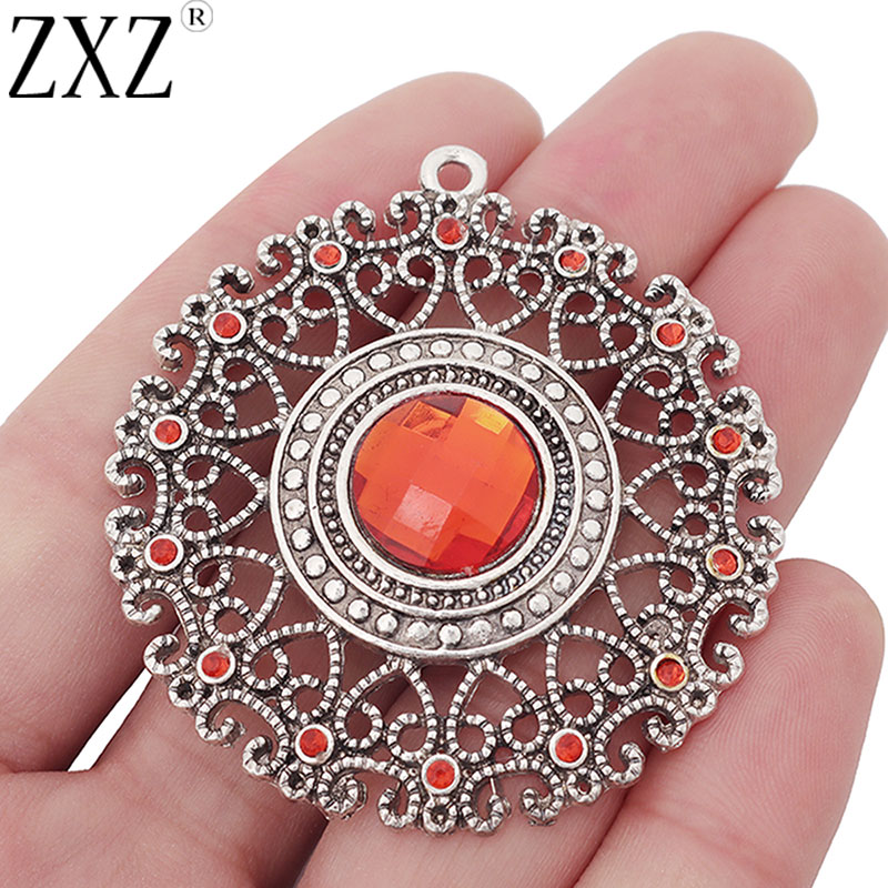 ZXZ 2pcs Tibetan Silver Large Filigree Flower & Crystal Rhinestone Round Charms Pendants for Necklace Jewelry Making Findings