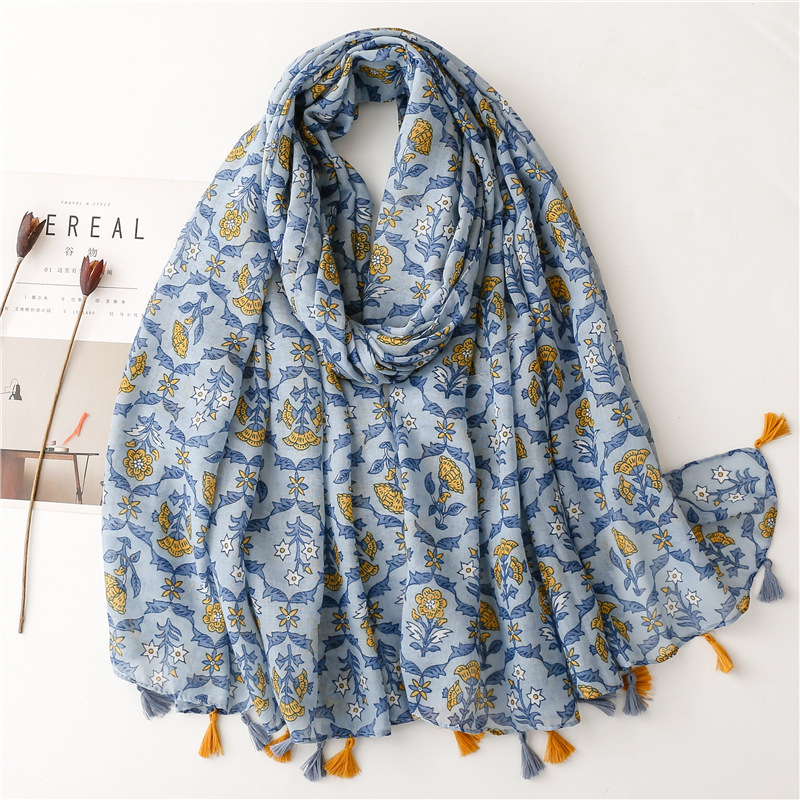 Bufanda de viscosa con borlas florales para mujer, chales y chales, Hijab, banda para el cabello femenina, pañuelo musulmán de lujo, pañuelos Echarpe de 180x90Cm: YELLOW