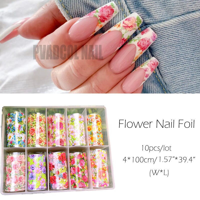 Holografisk blomma nagelfolie blommig folie naglar nail art överföringsfolie omslag akryl naglar 10 rullar/kartong: Typ 2