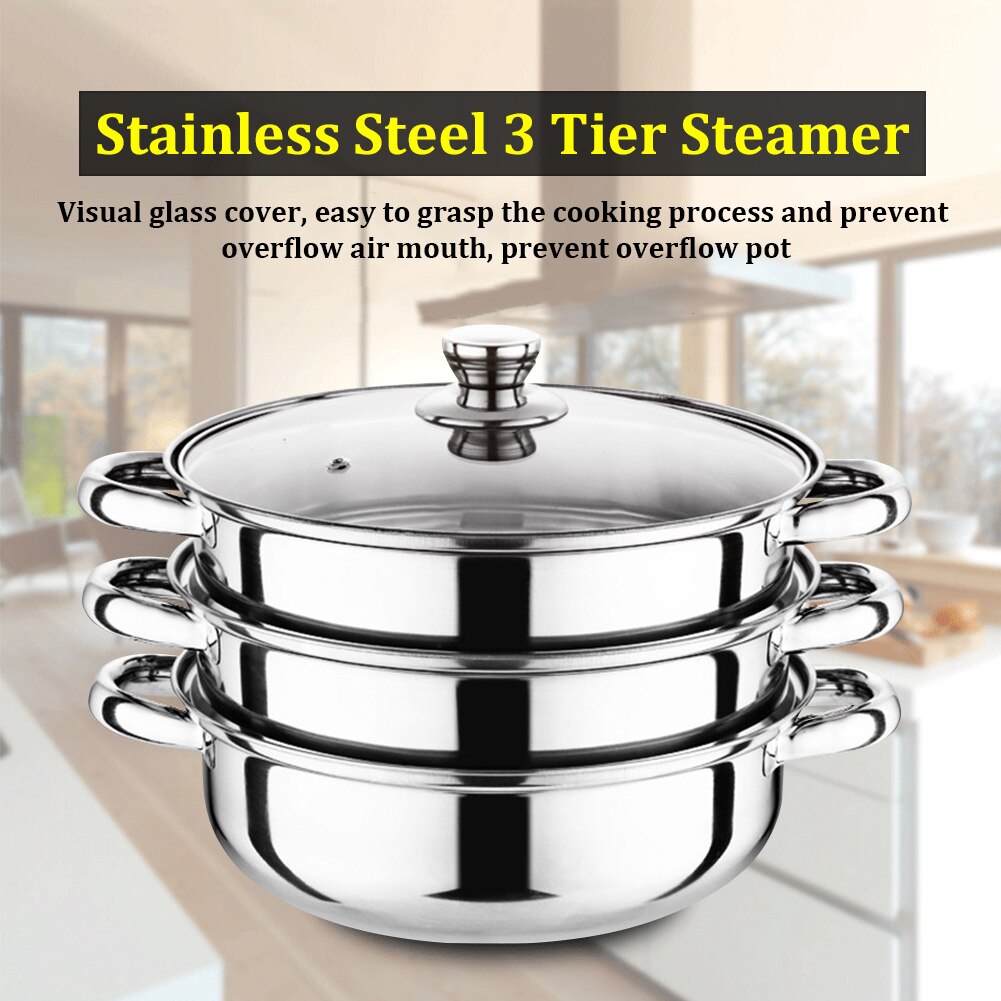 Keuken 3 Tier Rvs Steamer Pot 28Cm Grote Cover Voedsel Maker Keuken Kookpotten Met Handvatten Gasfornuis stoom Pot