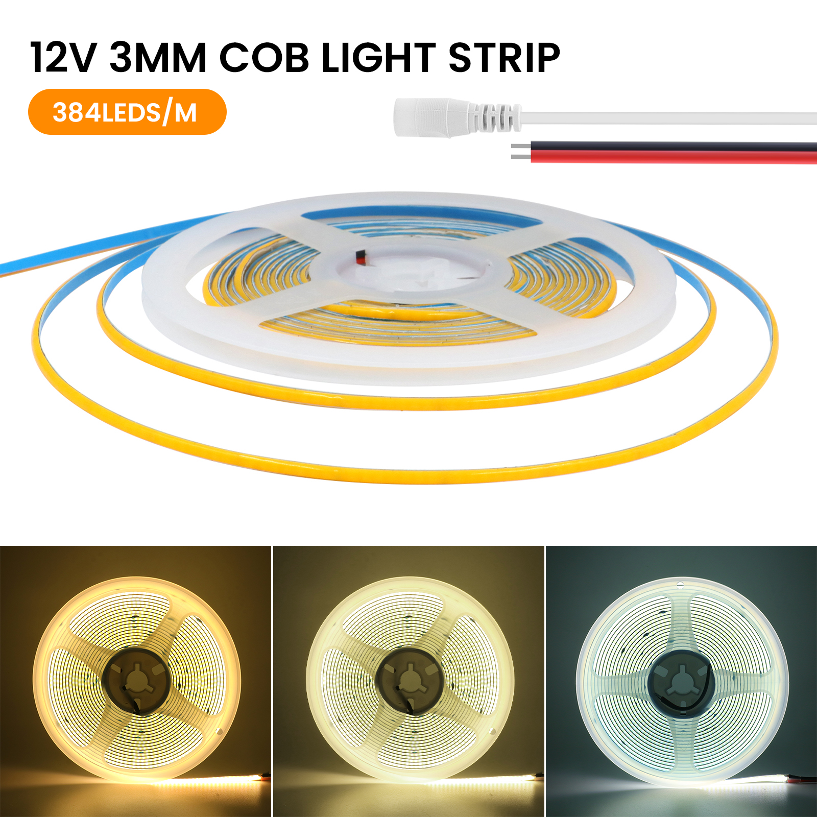 Dc 12V 24V Cob Led Strip Ultra Dunne 3Mm Pcb Breedte Fob Verlichting 384Leds/M CRI90 Hoge Dichtheid Led Tape Flexibele Liner Verlichting
