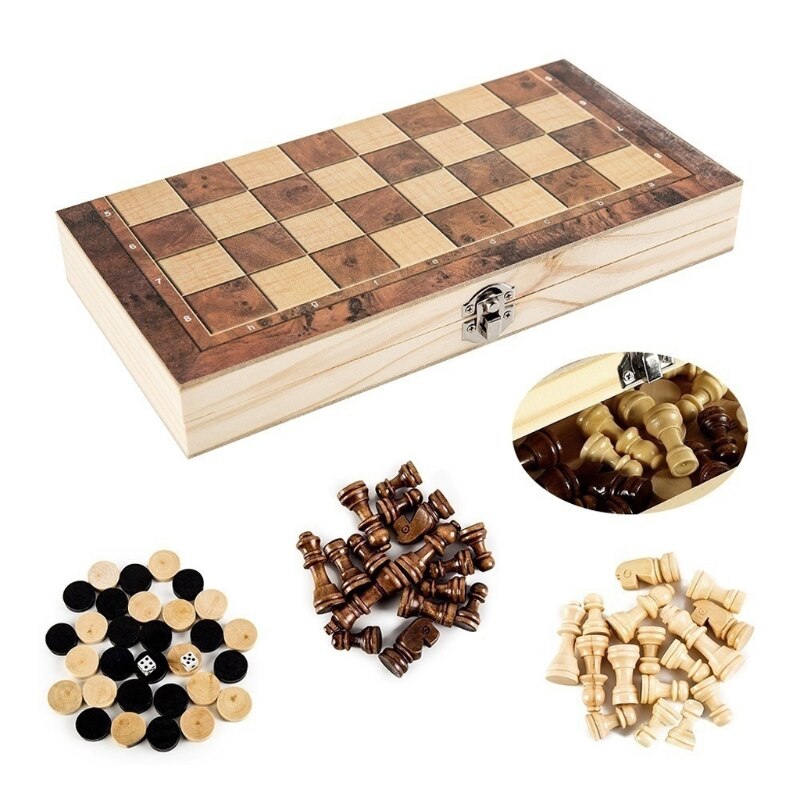 3 In 1 Houten Internationale Schaakspel Board Games Checkers Puzzel Game Bezig, opvouwbare Schaakbord Set Met Opbergdoos