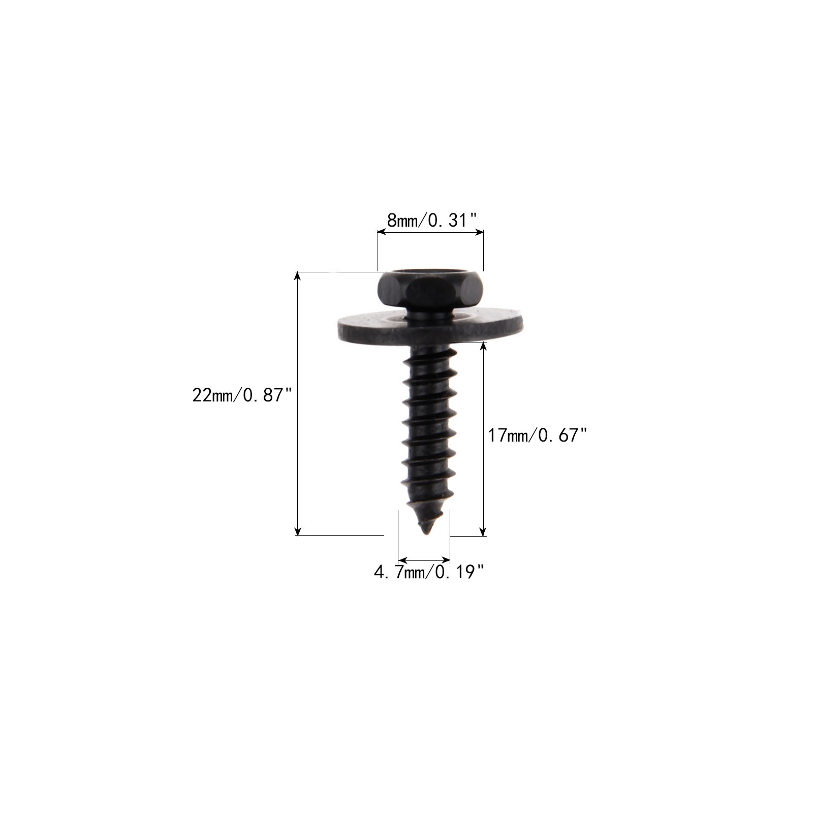 20 pces universal carro auto-rosqueamento parafusos 4.7mm x 17mm cativo arruela solta 8mm hex cabeça grampos de fixação preto