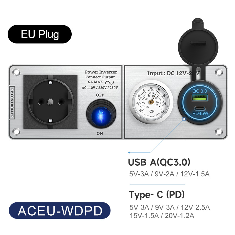 Autoladegerät Multifunktions-Aluminium-Panel-Thermometer AC110V 220V Dual Port USB QC3.0 12V 24V für Wohnmobil-Yacht-Reiseanhänger: green