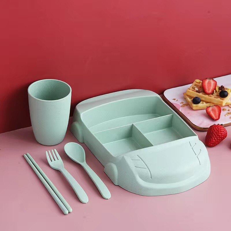 Children Tableware Plates Set Baby Feeding Dish Kids Crockery Split Plate Toddler Spoon Fork Bowl Kid Food Dishes Cutlery Gadget: Green 5 set