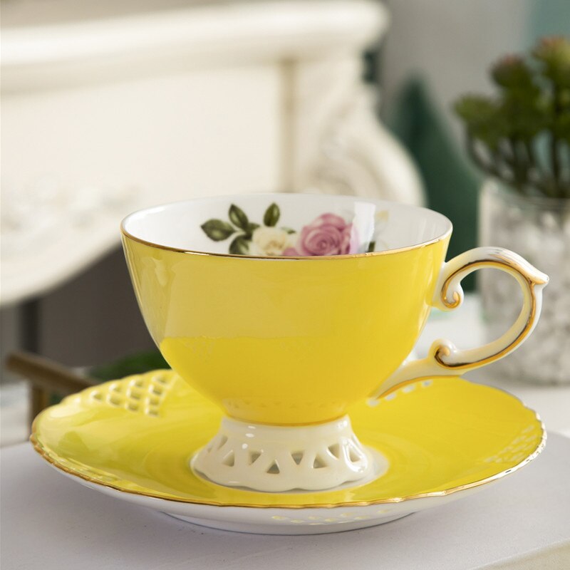 Traditionelle kinesiske tekopper sæt kongeligt benporcelæn keramisk kopsæt kaffekrus blomst lille xicara drinkware  eb50bd: Gul