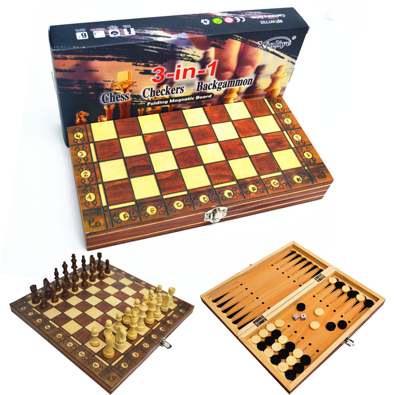 3 In 1 International Chess Set Wooden Chess Game Backgammon Checkers For Indoor Table Game Folding Chessboard Family Travel Game