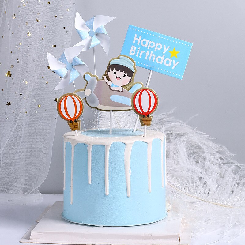 Garniture de gâteau d'anniversaire, décoration d'arbre de voiture, nuage, pilote d'avion, drapeau de fête, fournitures de pâtisserie, garniture de Cupcake, réception pour bébé