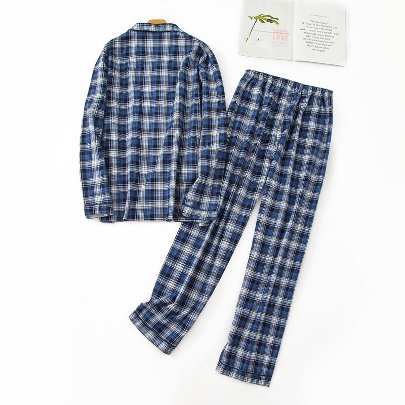 Man Herfst Winter Lange mouwen Broek Pyjama Set Vol Katoen Plaid Heren Pyjama Lange Slaap Nachtkleding mannen Slapen pyjama