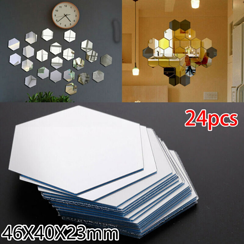 24Pcs Hexagon Mirror Sticker Self-adhesive Mosaic Tiles Bathroom Decorative Mirror Stickers