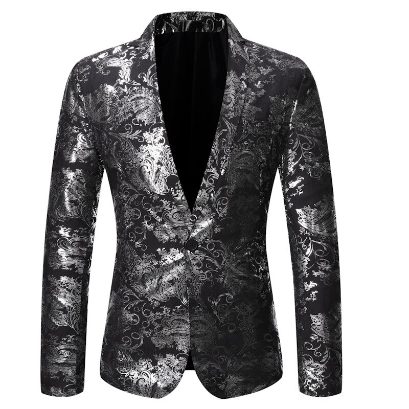 Chaqueta de traje Floral para hombre, Blazer con solapa entallada y un solo botón, para cantantes de escenario, boda y graduación: silver / S