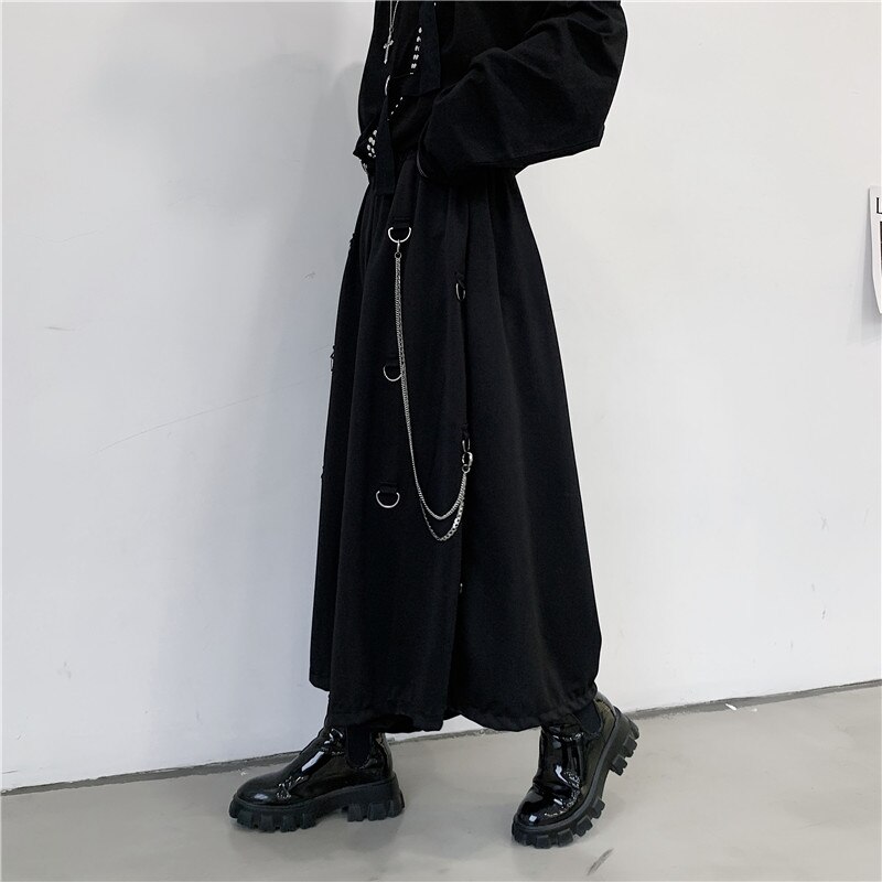 Herr metall kedja kausal lösa casual breda byxor manliga japan stil streetwear gothic punk kimono kjol byxor