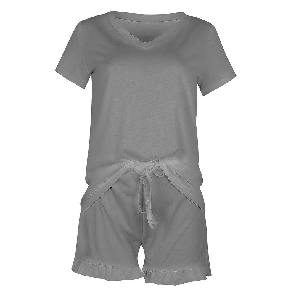 Vrouwen Ruche Korte Pyjama Set Korte Effen Kleur Nachtkleding Zomer Nachtkleding Mouwen Tops Shorts Set Plus Size