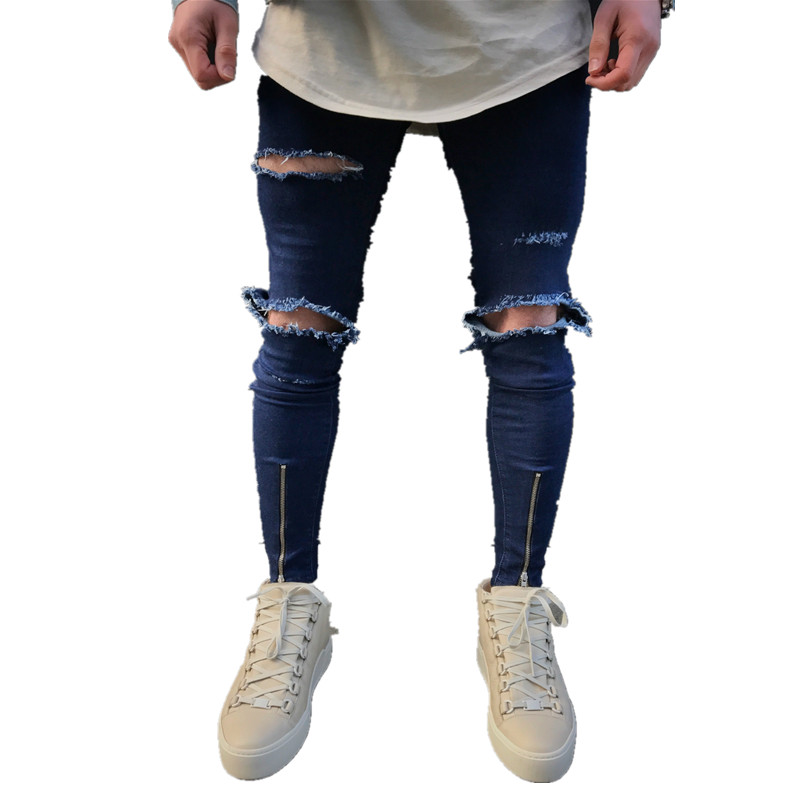 Straße Hiphop Männlichen schlank passen Jeans Männer Knie große See Denim Hosen Zerrissene Bettlern Punk gotisch Blau gewaschen Jeans kostümich