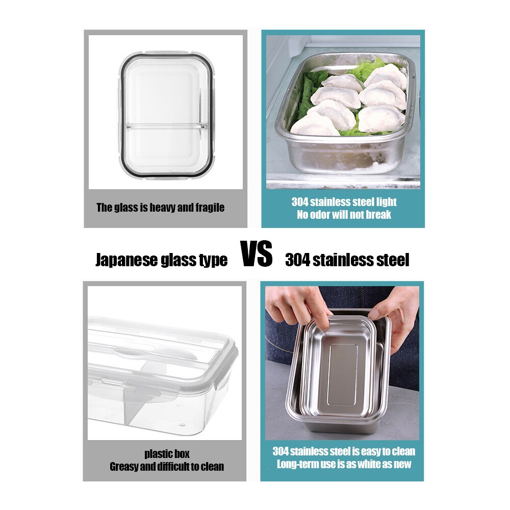 Refrigerator Food Container Set 304 Stainless Steel Meat Freezing Storage Containers with Lids Kitchen Keep Fresh Airtight