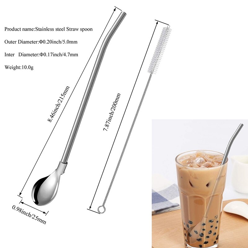 Reusable Spoon Drink Straws Value Pack 6Pcs with 2 Clean Brush - Metal Drinking Straw Spoon 7.5 Inch Long for 20Oz Tumblers