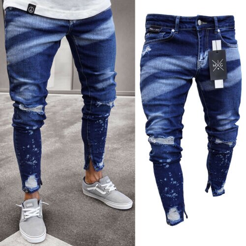 Stylish Men's Ripped Skinny Jeans Destroyed Frayed Slim Fit Denim Pants Trousers