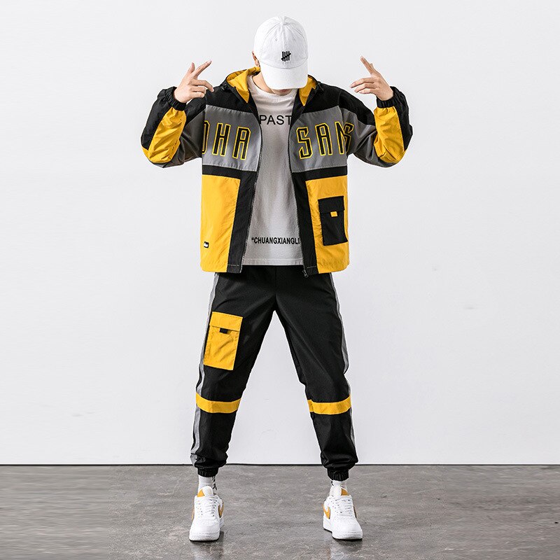 Heren Trainingspak Set Capuchon + Broek Werkkleding Grote Pocket Sportkleding 2 Delige Set Hiphop Patchwork Sport Pak voor Mannen Kleding