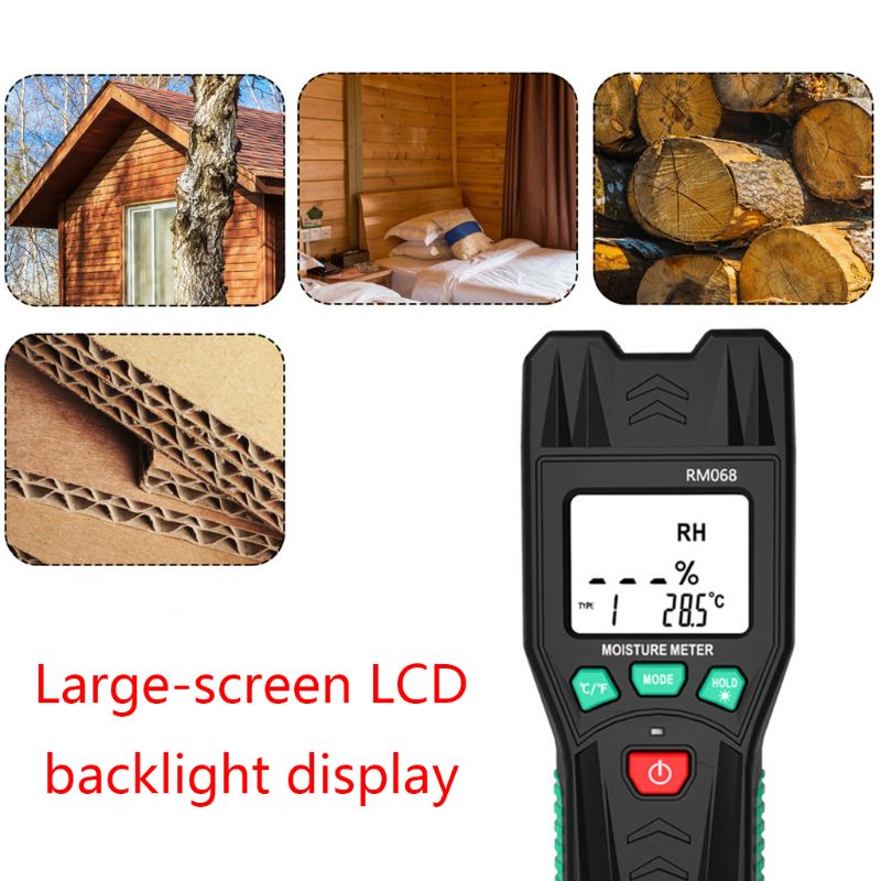 RM068 Digital Moisture Meter Pin Type Humidity Temperature Wood Tile Building Construction Moisture LCD Display Backlight