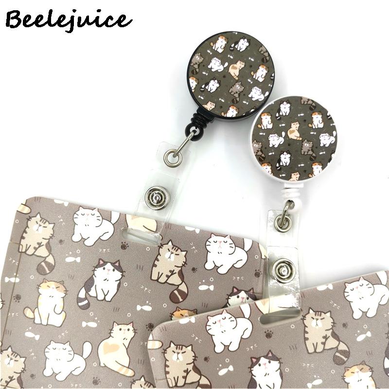 Grey Lovely Cute Cats Cute Card Cover Clip Lanyard Retractable Student Nurse Badge Clip Cartoon ID Card Badge Holder accessories