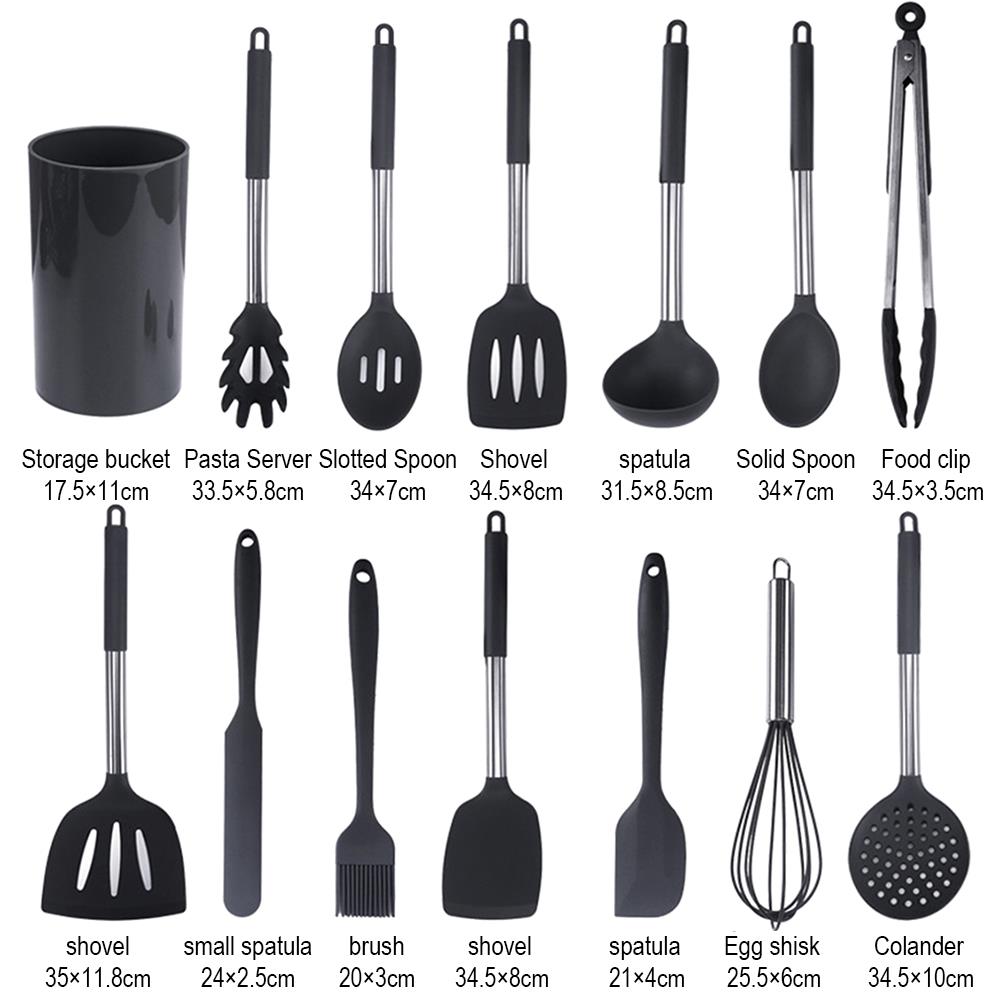 Práctico pala de fugas, cuchara roja de alimentaria, cuchara batidora de huevos, juego de utensilios de cocina negro 14 uds, utensilios de cocina de alta resistencia a la temperatura