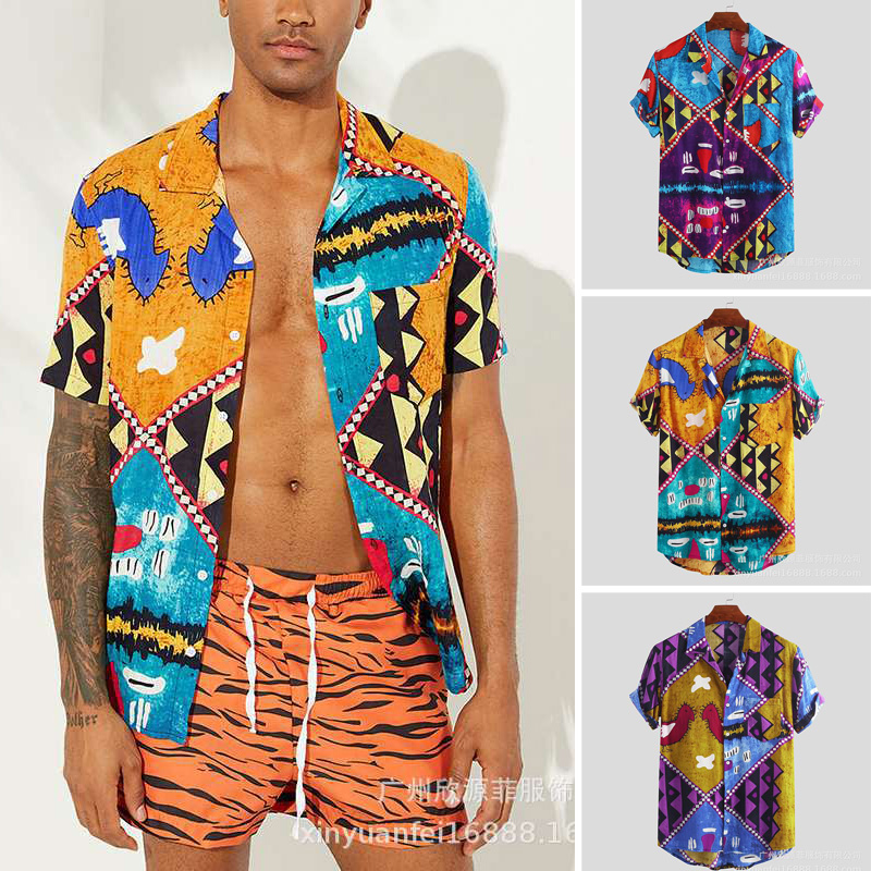 Men Beach Shirt Purple Print Short Sleeve Lapel Neck Button Leisure Hawaiian Shirts Men's Short Sleeve Button Tops Summer