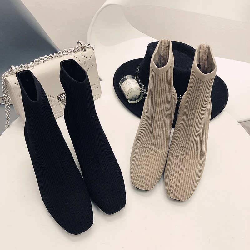 EOEODOIT Herbst Karree Stiefel Socke Schuhe Unterhose Auf Hohe Quadratische Ferse Frauen Pumpen Schuhe strecken Stoff