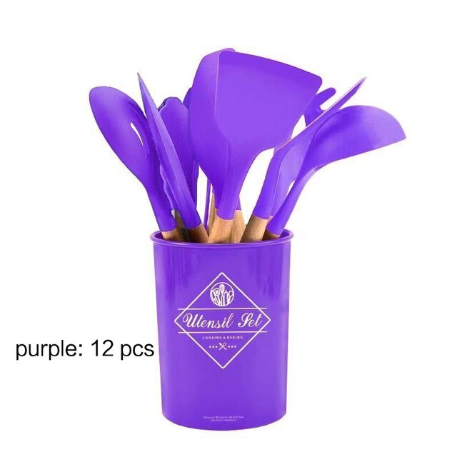 11pcs non-stick spatula kitchen utensils cooking set Multi-color storage barrels wooden handle silicone kitchen utensils: set 3