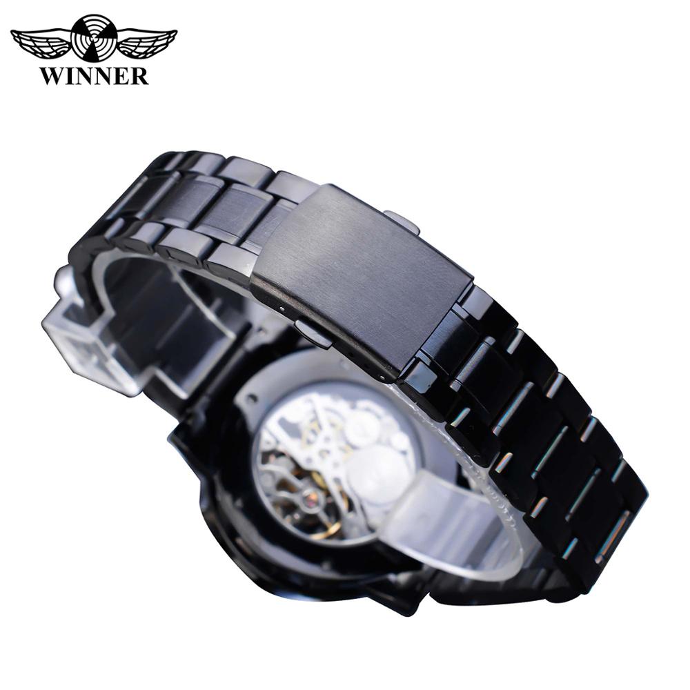 Winnaar Classic Blue Mens Mechanische Horloges Romeinse Zwart Roestvrij Stalen Band Rhinestone Skeleton Hand Wind Bedrijvengids Horloge Klok